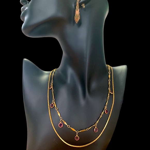 VTG Gold violet crystal bezel necklace small anchor chain chevron drop earrings - Picture 3 of 10